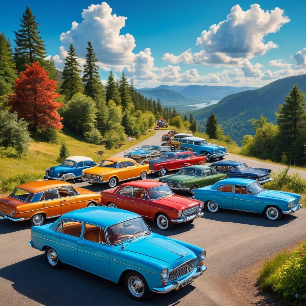 A vibrant landscape depicting a diverse range of vehicles including vintage cars, electric models, and SUVs on a winding road surrounded by nature. In the foreground, a passionate car enthusiast with a magnifying glass examines a unique vehicle. The sky is bright blue, enhancing the sense of adventure and discovery. The overall mood is energetic and inviting. super-realistic. vibrant colors. 3D.