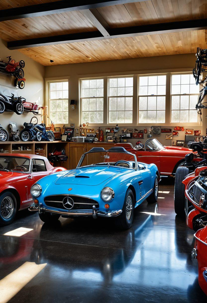 A stunning garage filled with a variety of classic and modern cars, with a car enthusiast working on an engine while surrounded by tools and automotive posters. Sunlight filters through the windows, casting dramatic shadows on the polished floors, highlighting the love for automotive craftsmanship. Add elements like a vintage racing helmet and a toolbox overflowing with gadgets to emphasize passion. super-realistic. vibrant colors. 3D.