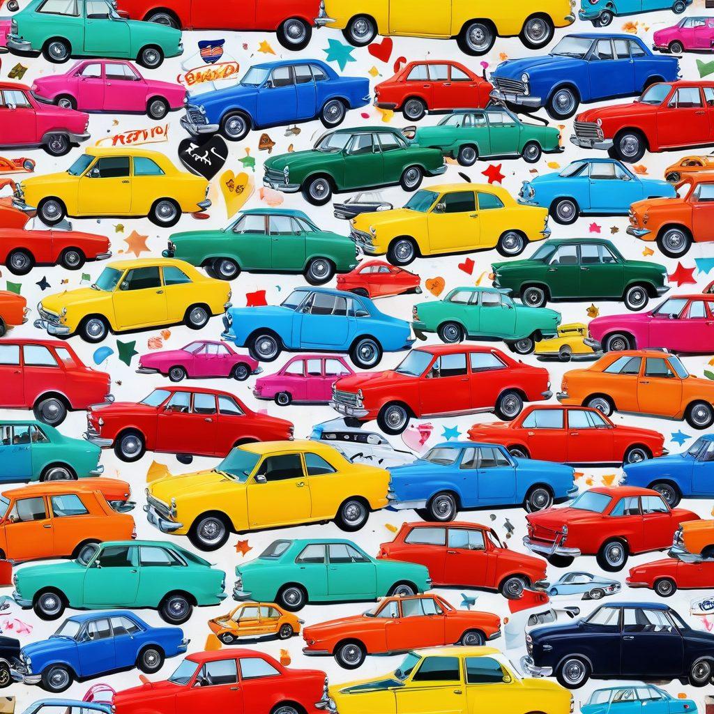A dynamic and eye-catching collage featuring a variety of cars in different colors and styles, with review stars and price tags floating around them. Incorporate heart symbols to represent 'love' in automotive, alongside a steering wheel and car keys. Use a mix of modern and vintage vehicles to showcase a range of automotive choices. The background should be vibrant and energetic, hinting at the thrill of driving and discovering deals. super-realistic. vibrant colors. white background.